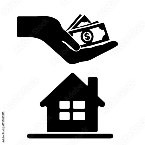 Hand Holding Cash Above House Icon – Personal Finance and Loan Concept, Black and White