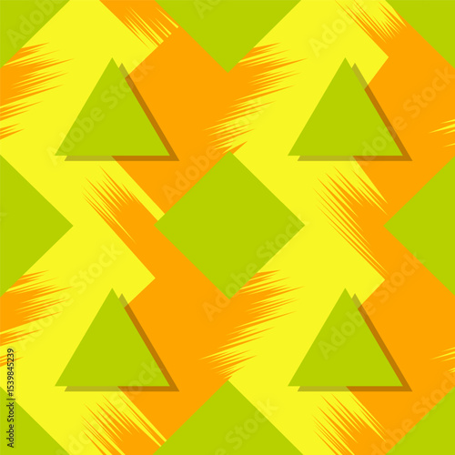Colorful seamless pattern from triangles on the bright brush strokes background. 80's - 90's years design style. Trendy. Vector illustration