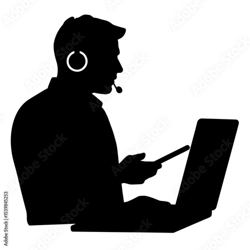 Silhouette of call center agent with headset on laptop, customer support