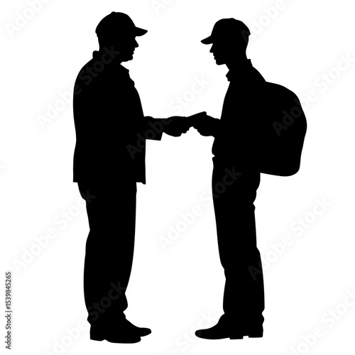 Silhouette of courier and customer exchanging package on white background, delivery confirmation