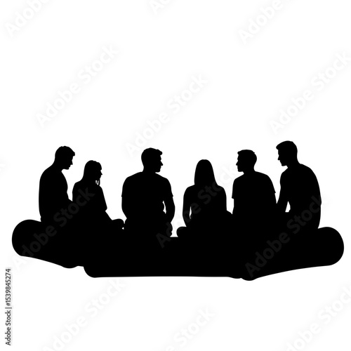 Silhouette group discussing on logs, teamwork and collaboration, black and white