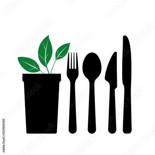 Silhouette of flatware with compost bin and green icons, biodegradable utensils