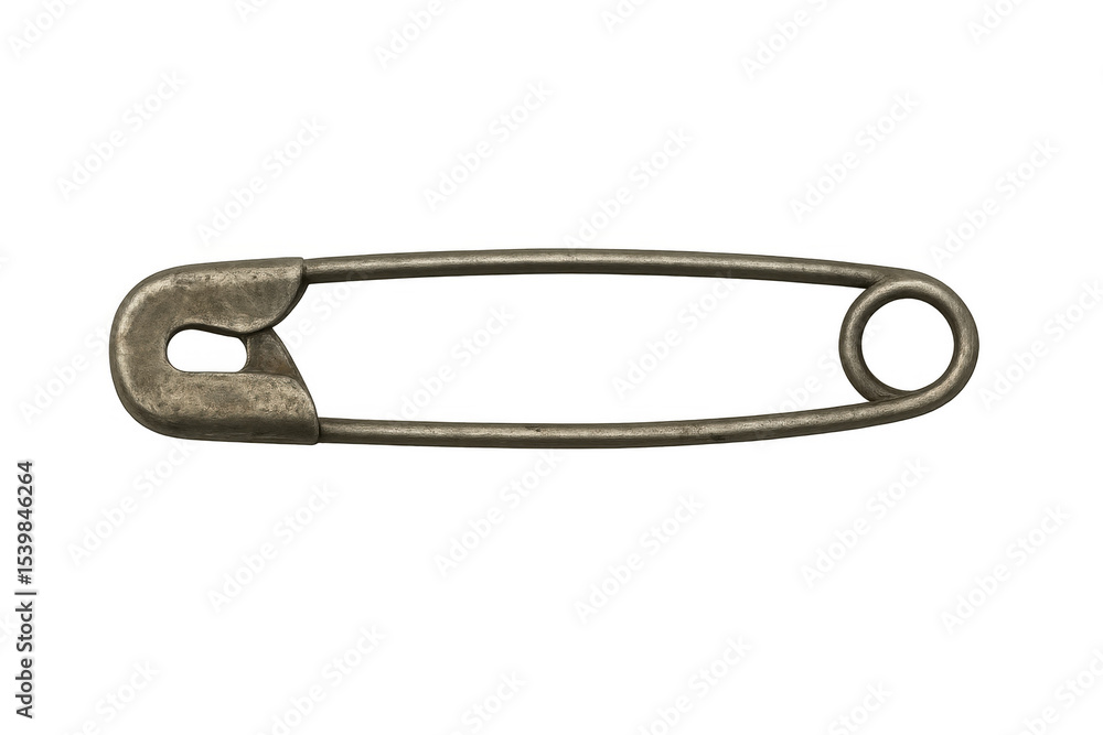 Studio shot featuring a closed safety pin, emphasizing its metallic texture and secure fastening, perfect for clothing and crafts Studio shot featuring a closed safety pin, emphasizing its metallic texture and secure fastening, perfect for clothing and crafts