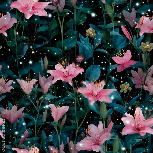 Beautiful pink lilies blooming gracefully among dark green leaves with sparkling light effects creating enchanting and elegant floral scene
