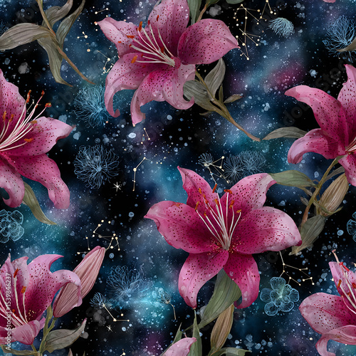 Beautiful pink lilies blooming gracefully among dark green leaves with sparkling light effects creating enchanting and elegant floral scene