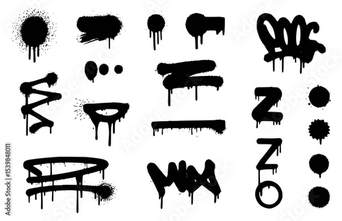 Abstract Black Graffiti Drips and Splatters Vector Collection - Grunge Paint Stains, Drops, and Tags