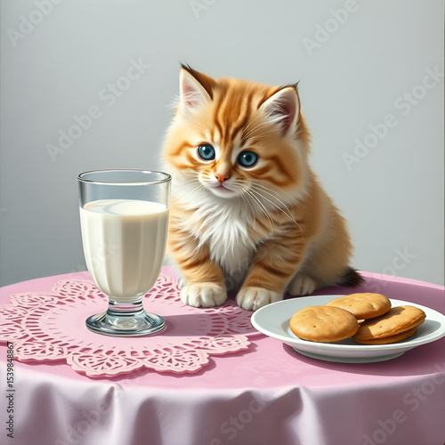 cute kitten on a table with a glass of milk and cookies