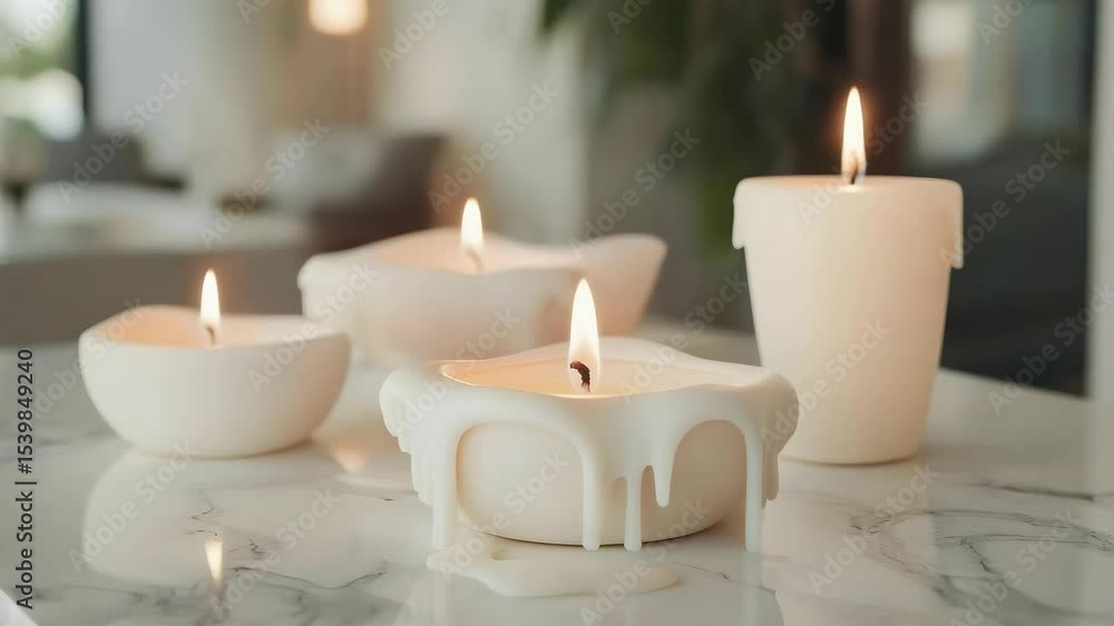 A selection of decorative candles with melted wax on a marble surface, creating a warm and inviting ambiance. A selection of decorative candles with melted wax on a marble surface, creating a warm and inviting ambiance.