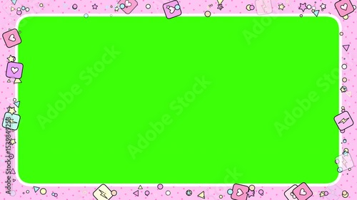Looped cartoon playful frame with hearts, thunderbolts, squares, stars, triangles, and circles on green screen background.