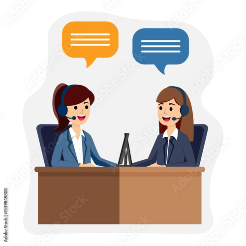 Two friendly girls in headphones are ready to help. Stylish flat illustration with call center.