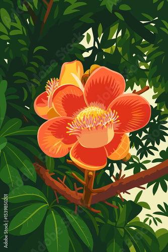 This is a vibrant digital illustration of the Cannonball Tree flower (Couroupita guianensis), commonly known as Sala flower in Thailand. The blossom is large and exotic, with striking reddish-orange p