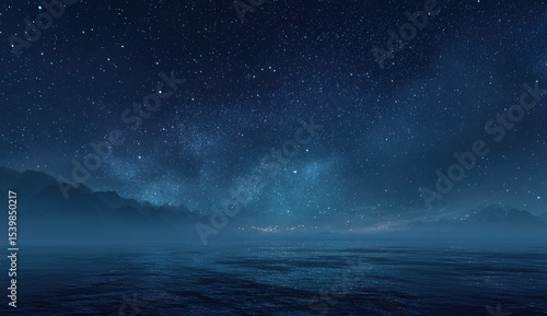 Serene nightscape of a star-filled sky over a calm, misty sea and dark mountains