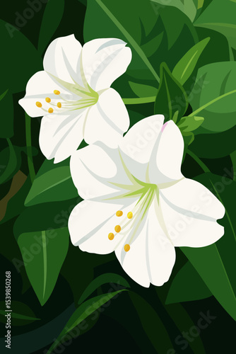 This illustration features two blooming white Four o’clock flowers (Mirabilis jalapa) set against a rich, dark green background of lush foliage. The flowers have smooth, overlapping petals with light 