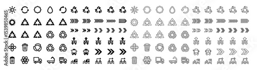 Plastic Recycling Line Icon Set – 48 Minimalist Vector Pictograms for Waste Management – Conveyor, Sorting Process & Sustainability Logistics (SVG/PNG/EPS)