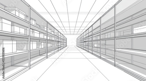 Interior perspective view of a warehouse or storage facility.