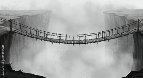 A rope bridge spans a chasm between two cliff faces shrouded in mist