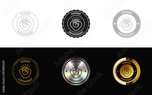 Set of courage and Empowerment icon, stamp, seal, symbol and logo in minimal, gold, silver design vector