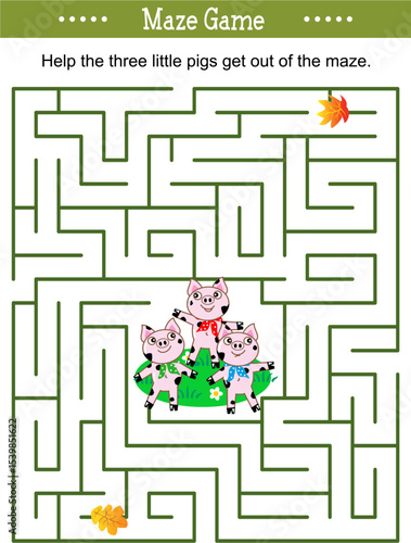 Maze game: Can you help the three little pigs get out of the maze? Answer included.

