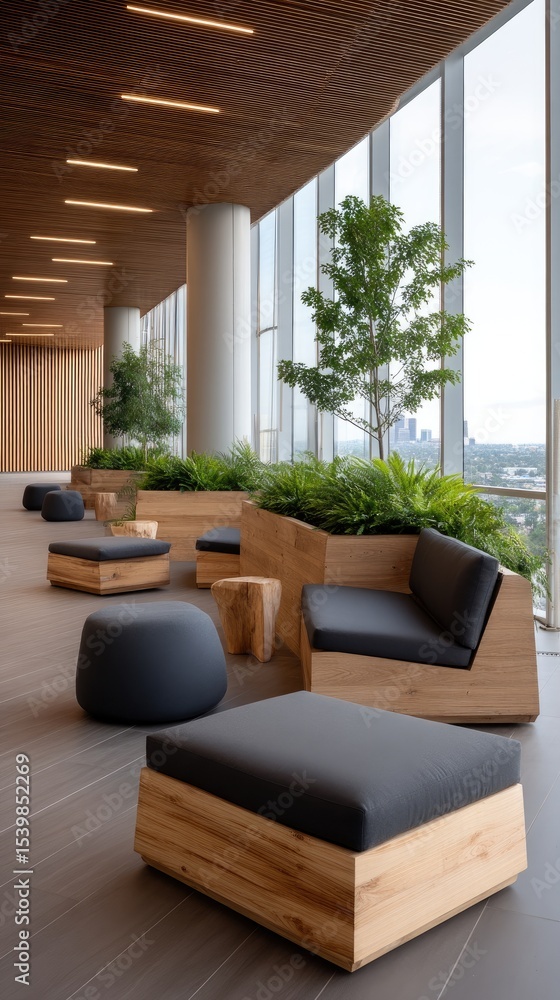 Empty rooftop terrace showcases modern design with city skyline illuminated at dusk, offering a stunning urban backdrop Empty rooftop terrace showcases modern design with city skyline illuminated at dusk, offering a stunning urban backdrop