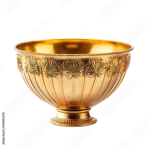 Ornate golden metal bowl on transparent background.
