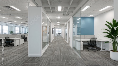 Modern office hallway with private workspaces.