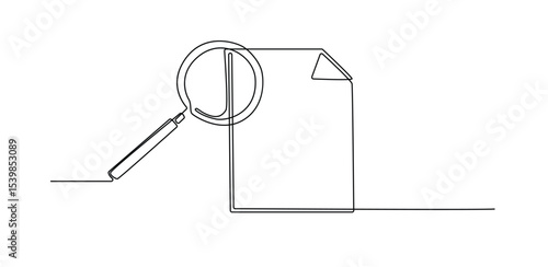 One Line Drawing of a Magnifying Glass Over Document.