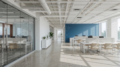 Modern open office space with glass partitions.