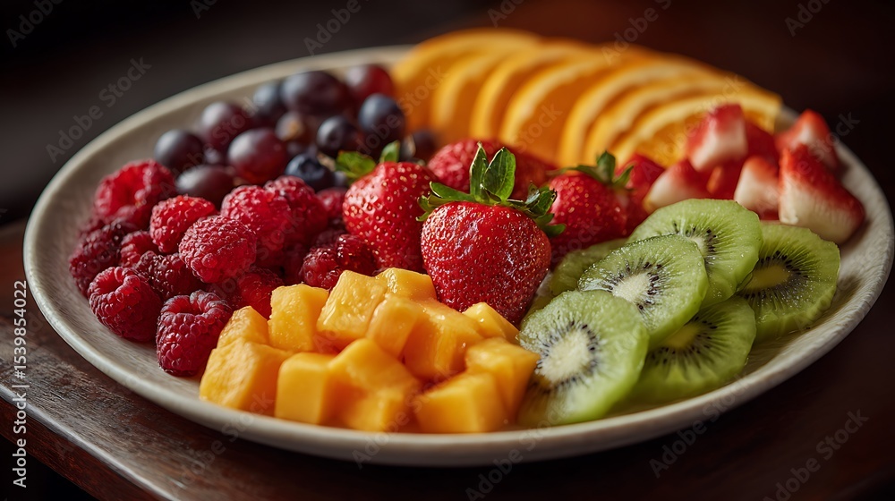 Assorted fresh fruit arrangement on a brown plate Assorted fresh fruit arrangement on a brown plate