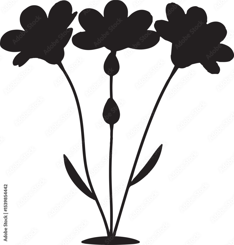 Obraz premium Minimalist Three-Flower Silhouette with Stem and Leaves: A Simple and Elegant Botanical Arrangement for Various Designs.