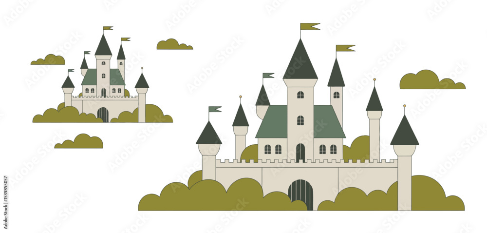 Obraz premium Two fairytale castles in green hills illustration