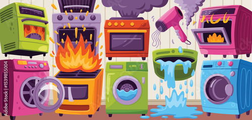 Household appliance malfunctions cartoon illustration