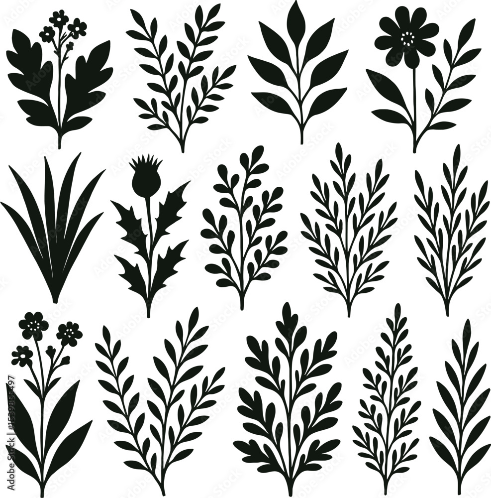 Seamless black and white floral and leaf pattern with nature inspired decorative silhouettes Seamless black and white floral and leaf pattern with nature inspired decorative silhouettes