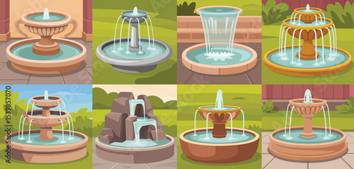 Collection of various garden fountain designs