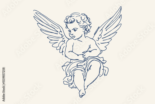 Seated angel with wings minimalist sketch vector illustration