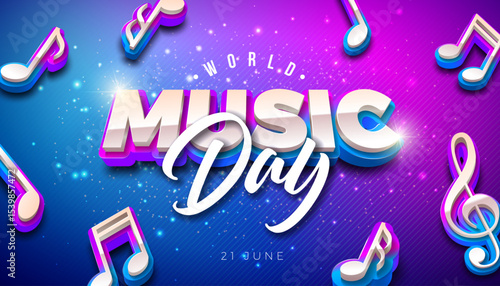World Music Day Banner Illustration with 3d Musical Notes and Typography Letter on Fluorescent Background. Vector International June 21 Festival Design Template for Web Banner, Post Card, Greeting