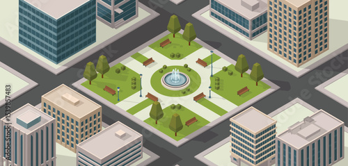 Isometric city park with fountain and modern buildings