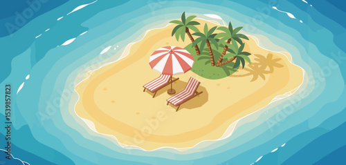 Tropical island getaway beach chairs and umbrella