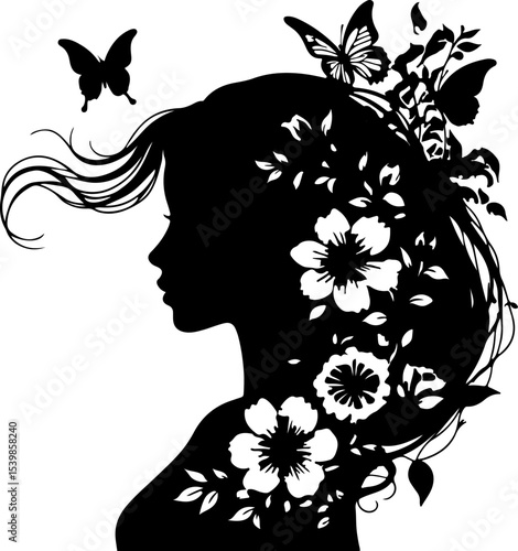 Floral Hair Woman Silhouette with Butterflies