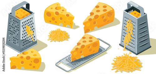 Isometric illustration of cheese and graters