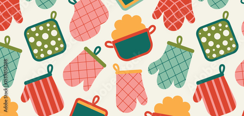 Colorful kitchen oven mitts and pot holders pattern
