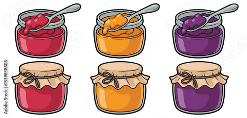 Six jars of colorful homemade fruit preserves