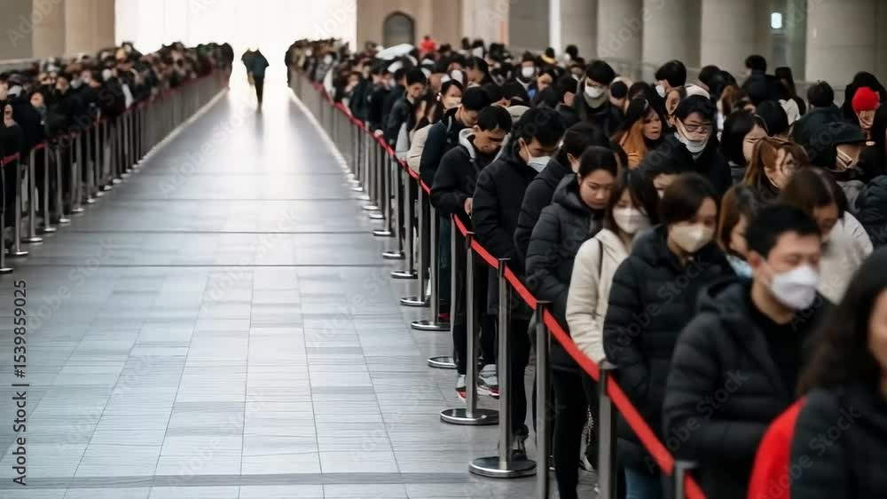 custom made wallpaper toronto digitalA long queue of people wearing face masks waits in an orderly line inside a building