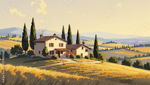 Tuscany landscape with farm house and cypresses. Vector illustration