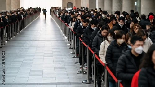 Wallpaper Mural A long queue of people wearing face masks waits in an orderly line inside a building Torontodigital.ca