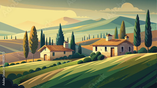 Landscape of Tuscany, Italy. Vector illustration. Retro style.