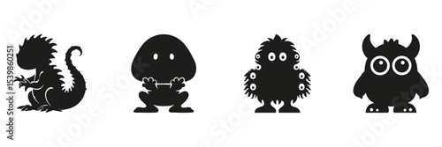 Cute Monster Silhouette Icons Set. Children's Illustrations and Halloween Decorations Collection. Isolated Vector Illustration