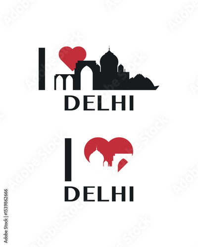 I love Delhi vector art, badge, tag, icon, logo concept. India city landmarks and heart isolated image layout for print, image, card
