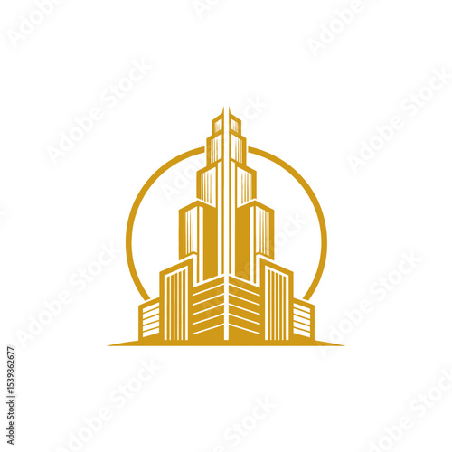 Golden Skyline: A minimalist, vector-style emblem showcases a majestic building, its sleek silhouette highlighted in a radiant gold hue, creating a timeless architectural statement.