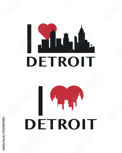 I love Detroit vector art, badge, tag, icon, logo concept. USA, Michigan state city landmarks and heart isolated image layout for print, image, card