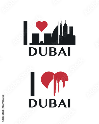 I love Dubai vector art, badge, tag, icon, logo concept. UAE city landmarks and heart isolated image layout for print, image, card